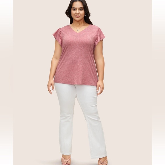 BloomChic Plus Size V Neck Heather Ruffle Cap Sleeve T-shirt - Picture 6 of 7